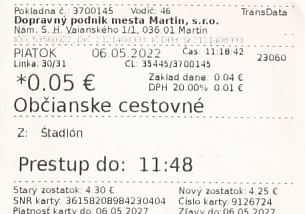 Communication of the city: Martin (Słowacja) - ticket abverse. 