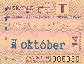 Communication of the city: Miskolc (Węgry) - ticket abverse