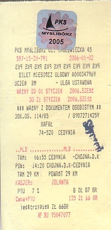 Communication of the city: Myślibórz (Polska) - ticket abverse. PKS