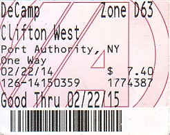 Communication of the city: New York (Stany Zjednoczone) - ticket abverse. bilet podmiejski na trasie z dworca
autobusowego Port Authority w Nowym Jorku
 do miejscowości Clifton (22.5km)