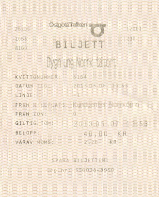 Communication of the city: Norrköping (Szwecja) - ticket abverse