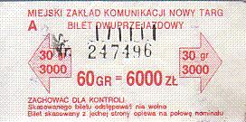 Communication of the city: Nowy Targ (Polska) - ticket abverse. <IMG SRC=img_upload/_0blad.png alt="błąd"> wyjątkowo nieudolnie nabity numer seryjny :D