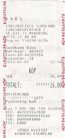 Communication of the city: Nyköping (Szwecja) - ticket abverse