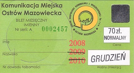 Communication of the city: Ostrów Mazowiecka (Polska) - ticket abverse. 