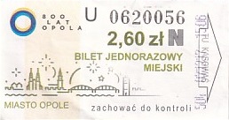 Communication of the city: Opole (Polska) - ticket abverse. <IMG SRC=img_upload/_pasekIRISAFE6.png alt="pasek IRISAFE"> 800 lat Opola<!--bilet okolicznościowy-->