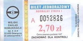 Communication of the city: Oświęcim (Polska) - ticket abverse. normalny strefa I