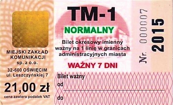 Communication of the city: Oświęcim (Polska) - ticket abverse. bardzo niski nr seryjny