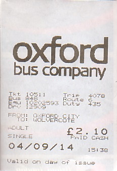 Communication of the city: Oxford (Wielka Brytania) - ticket abverse. 