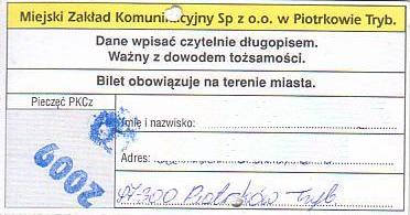 Communication of the city: Piotrków Trybunalski (Polska) - ticket reverse