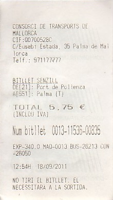Communication of the city: Palma de Mallorca (Hiszpania) - ticket abverse. 