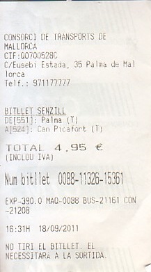 Communication of the city: Palma de Mallorca (Hiszpania) - ticket abverse. 