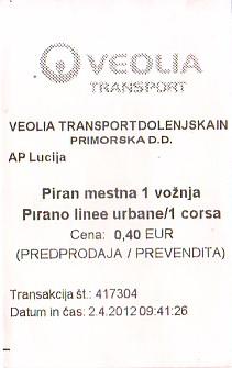 Communication of the city: Piran (Słowenia) - ticket abverse. wbrew pozorom bilet nie jest paragonem, a wydrukiem na kartoniku :)