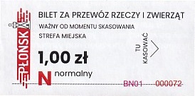 Communication of the city: Płońsk (Polska) - ticket abverse. bilet bagażowy