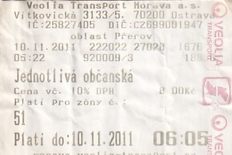 Communication of the city: Přerov (Czechy) - ticket abverse