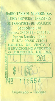 Communication of the city: Puerto Natales (Chile) - ticket abverse. 