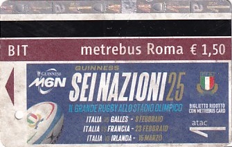 Communication of the city: Roma (Włochy) - ticket abverse. bilet wydany z okazji
Puchar Sześciu Narodów 2025
w rugby union