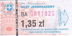 Communication of the city: Rzeszów (Polska) - ticket abverse. na odwrocie napis