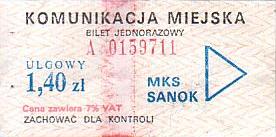 Communication of the city: Sanok (Polska) - ticket abverse. 
