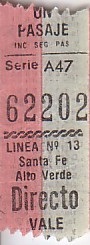 Communication of the city: Santa Fe (Argentyna) - ticket abverse