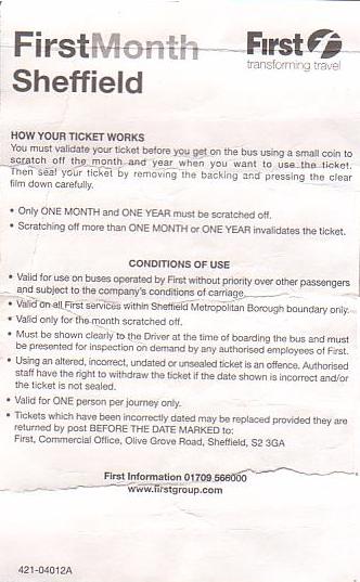Communication of the city: Sheffield (Wielka Brytania) - ticket reverse