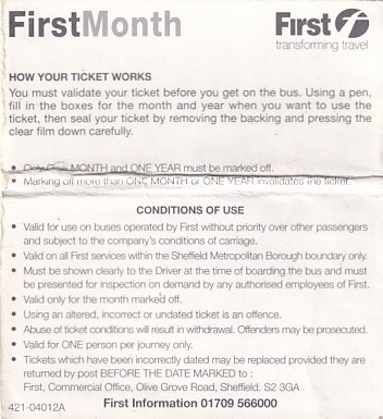 Communication of the city: Sheffield (Wielka Brytania) - ticket reverse