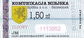 Communication of the city: Szczecinek (Polska) - ticket abverse. <IMG SRC=img_upload/_0blad.png alt="błąd"> dziwnie zielonkawy herb