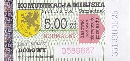 Communication of the city: Szczecinek (Polska) - ticket abverse. <IMG SRC=img_upload/_0blad.png alt="błąd">: krzywo nadrukowany herb;
hologram DRUK FONT