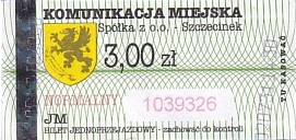 Communication of the city: Szczecinek (Polska) - ticket abverse. <IMG SRC=img_upload/_0blad.png alt="błąd"> hologram RTM
(czyli rzeszowski<!--Rzeszów--> :D)