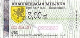 Communication of the city: Szczecinek (Polska) - ticket abverse. <IMG SRC=img_upload/_0blad.png alt="błąd">: krzywo nadrukowany herb