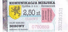 Communication of the city: Szczecinek (Polska) - ticket abverse. <IMG SRC=img_upload/_0blad.png alt="błąd"> krzywo
nałożony herb
hologram DRUK FONT