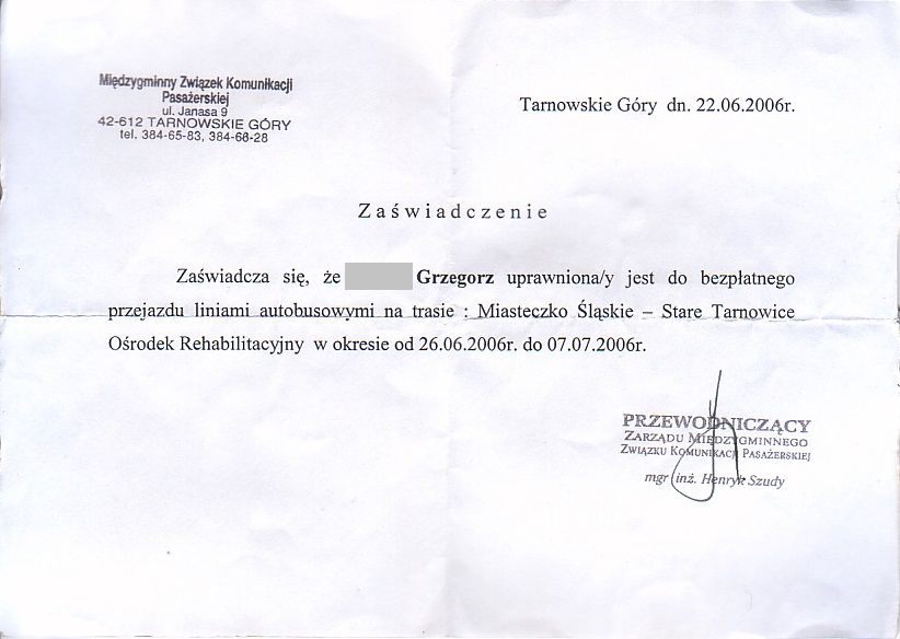 Communication of the city: Tarnowskie Góry (Polska) - ticket abverse