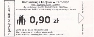 Communication of the city: Tarnów (Polska) - ticket abverse. 