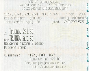 Communication of the city: Trutnov (Czechy) - ticket abverse.