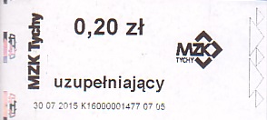Communication of the city: Tychy (Polska) - ticket abverse. bilet MZK Tychy wydrukowany w automacie 
Śląskiej Karty Usług Publicznych