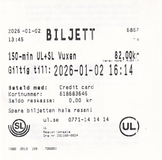 Communication of the city: Uppsala (Szwecja) - ticket abverse. bilet upoważniający na przejazd
komunikacją UL (miasto i region Uppsala)
i SL (miasto i region Sztokholm)
przez 150min
także transportem kolejowym
<IMG SRC=img_upload/_0wymiana2.png>
