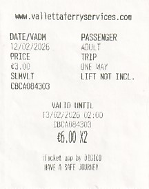 Communication of the city: Valletta (Malta) - ticket abverse. Bilet dla 2 osób
na prom miejski na trasie Valletta - Sliema
zintegrowany z maltańskim systemem transportowym
w niektórych taryfach biletowych.