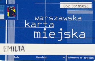 Communication of the city: Warszawa (Polska) - ticket abverse. <IMG SRC=img_upload/_chip.png alt="plastikowa karta elektroniczna, karta miejska">