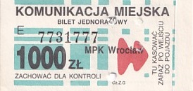 Communication of the city: Wrocław (Polska) - ticket abverse