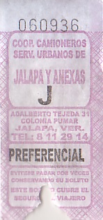 Communication of the city: Xalapa-Enríquez (Meksyk) - ticket abverse. W nieskatalogowanym rozszerzeniu zbioru
zebrany cały komplet 25 literek od A do Z :)