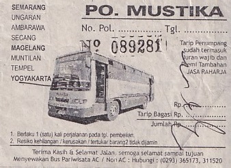Communication of the city: Yogyakarta (Indonezja) - ticket abverse. Bilet wykorzystany na trasie miejskiej w Yogyakarcie.