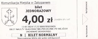 Communication of the city: Zakopane (Polska) - ticket abverse