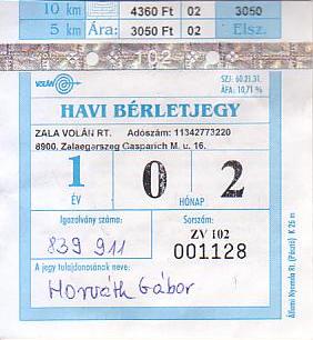 Communication of the city: Zalaegerszeg (Węgry) - ticket abverse