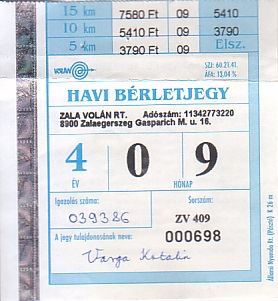 Communication of the city: Zalaegerszeg (Węgry) - ticket abverse. 