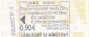 Communication of the city: Žilina (Słowacja) - ticket abverse. 