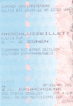 Communication of the city: Zürich (Szwajcaria) - ticket abverse