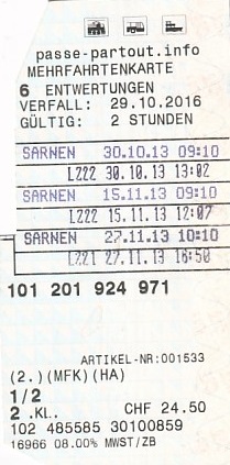 Communication of the city: Luzern (Szwajcaria) - ticket abverse. Intermodalny (kolej, autobus)
aglomeracyjny bilet strefowy z Lucerny
(z ograniczeniem 2 godzin podróży),
6-cioprzejazdowy (daje 5% zniżki),
ulgowy, na 2-ga klasę.
Wykorzystany w Sarnen
(miasto w aglomeracji Lucerny).