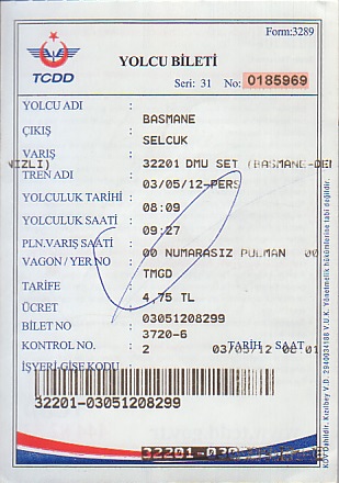 Communication of the city: (kolejowe) (Turcja) - ticket abverse