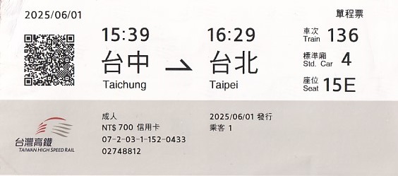 Communication of the city: (kolejowe Tajwan) (<i>Tajwan</i>) - ticket abverse. Taiwan High Speed Rail
<IMG SRC=img_upload/_0wymiana2.png>