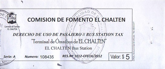 Communication of the city: (międzymiastowe ARG) (Argentyna) - ticket abverse. załącznik do biletu
z El Chalten do El Calafate
stanowiący potwierdzenie
opłaty postojowej na dworcu
w El Chalten