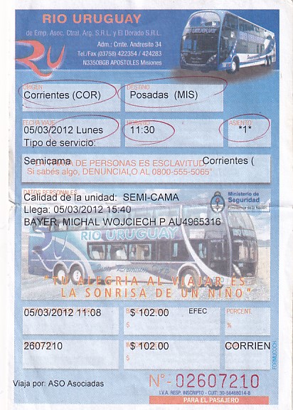 Communication of the city: (międzymiastowe ARG) (Argentyna) - ticket abverse. 